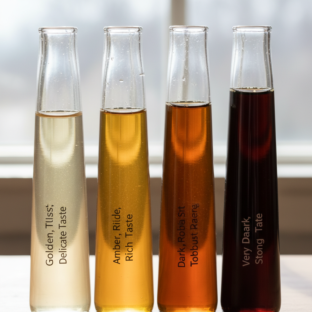 Glass color grading vials held up to natural light showing different maple syrup grades