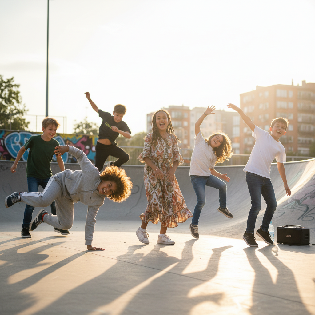Older kids doing freestyle, each with distinct style and expression of joy