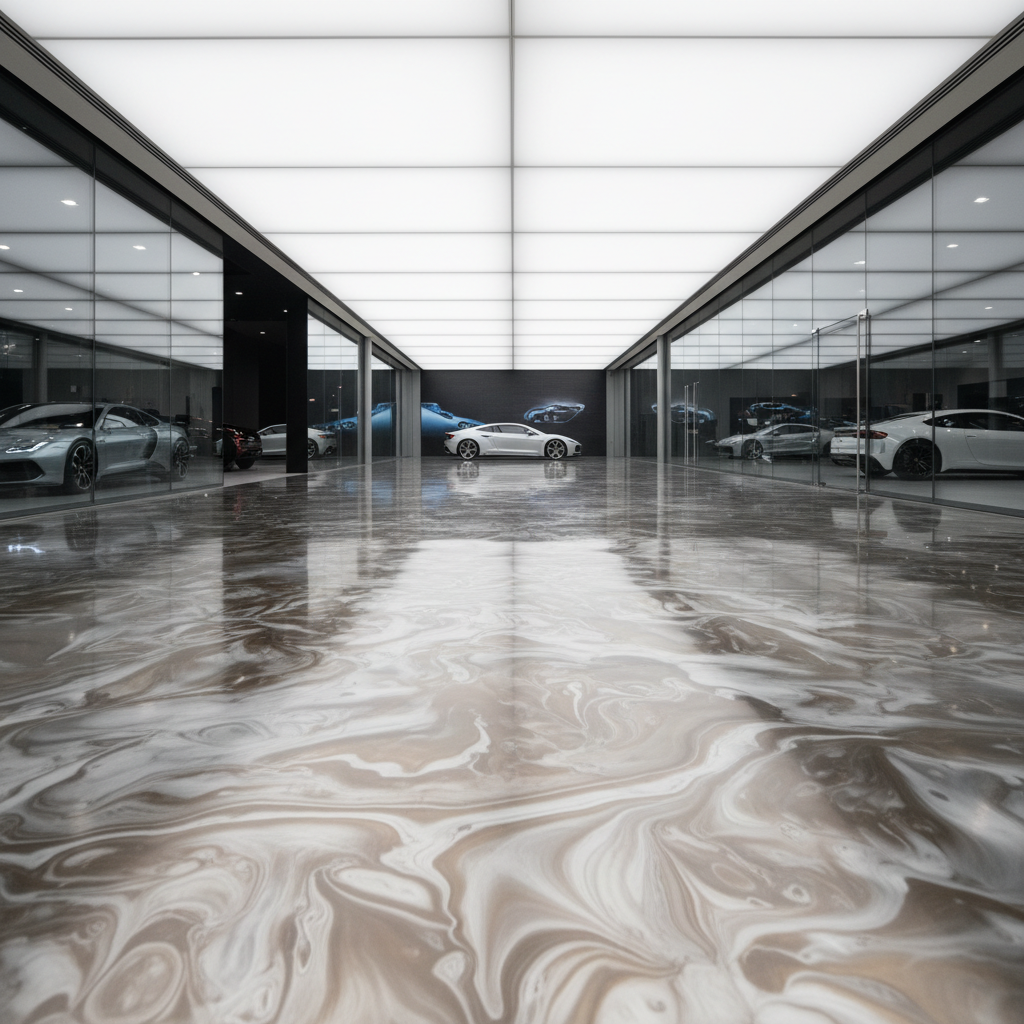 Glossy metallic epoxy floor in a modern showroom, deep blue reflective surface with bright overhead lighting creating mirror-like sheen