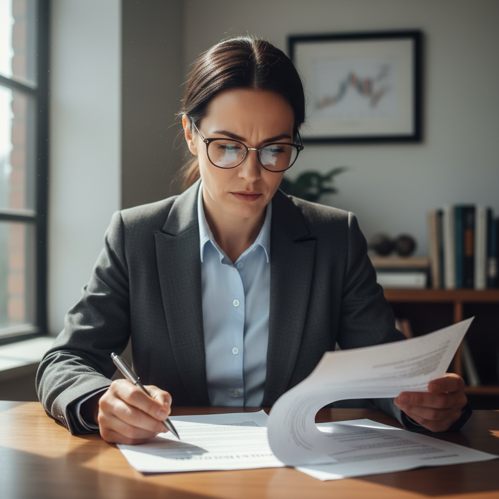 Professional woman with glasses and light blazer reviewing documents at desk