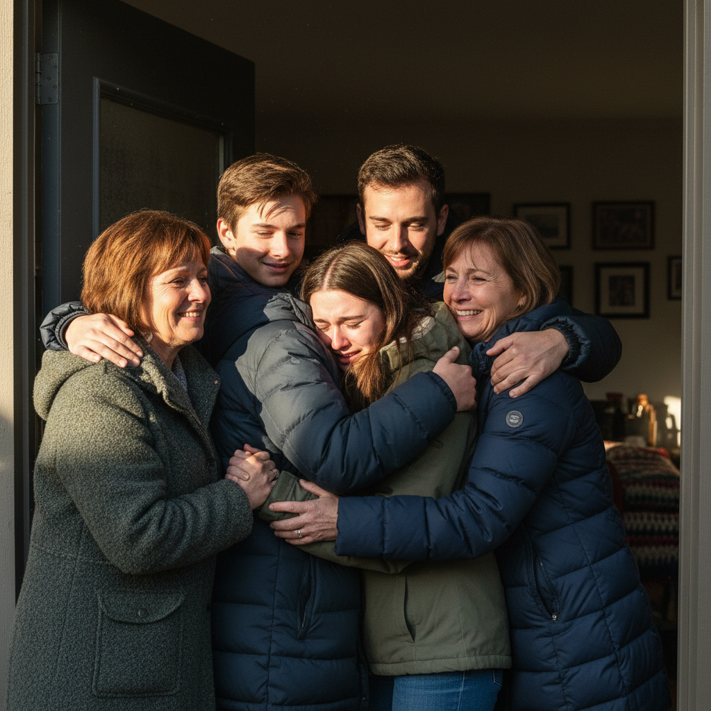 Family group hug in the doorway, coats back on, one person crying, everyone smiling through it
