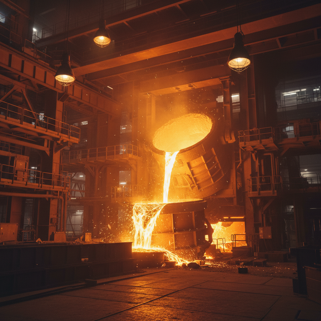 Molten steel pouring from a furnace in a steel manufacturing plant