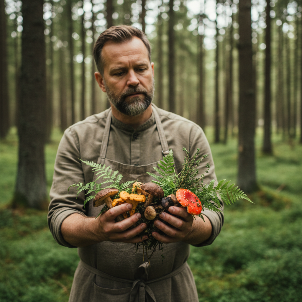 Chef Lars Eriksson in a Nordic forest setting, holding foraged herbs and mushrooms