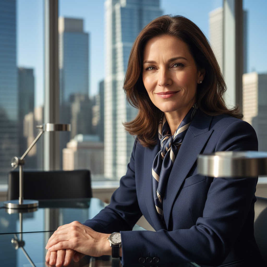 CEO portrait in dark office setting, moody shadows, dramatic side lighting, serious executive presence
