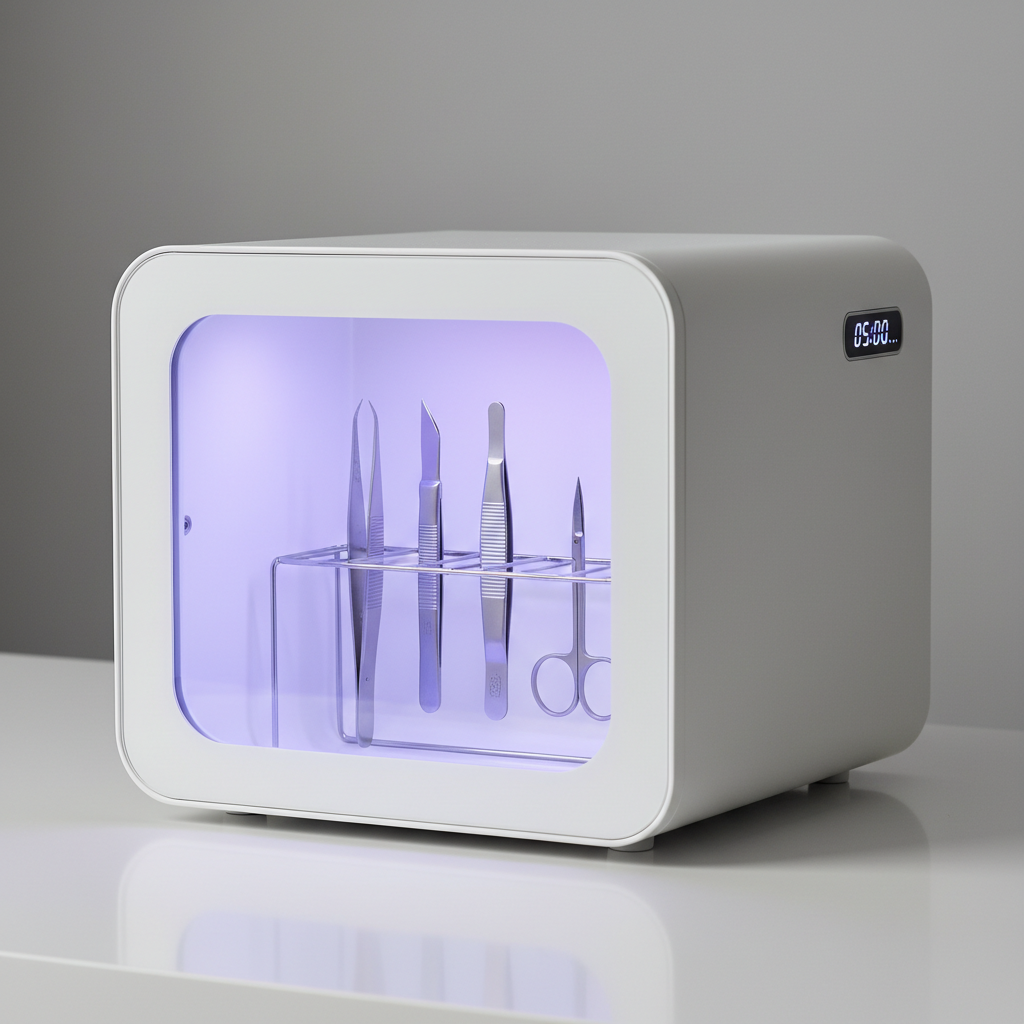 Phone sanitizer box with UV light on white surface with modern design