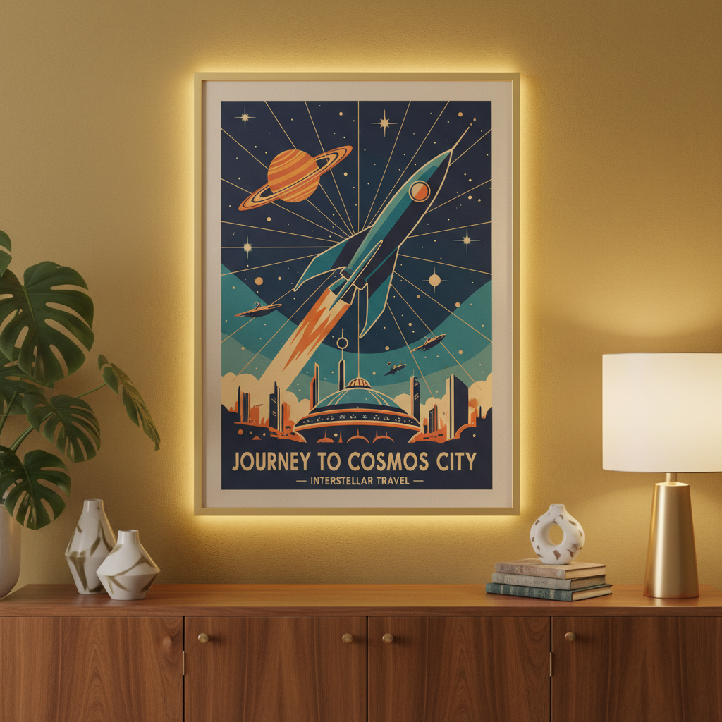 Retro futurist poster framed above mid-century credenza in warm living room