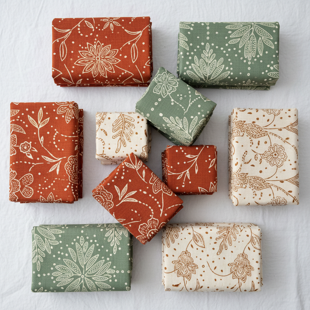 Close-up of folded organic fabric swatches in warm earth tones, cream and terracotta colors, soft natural light