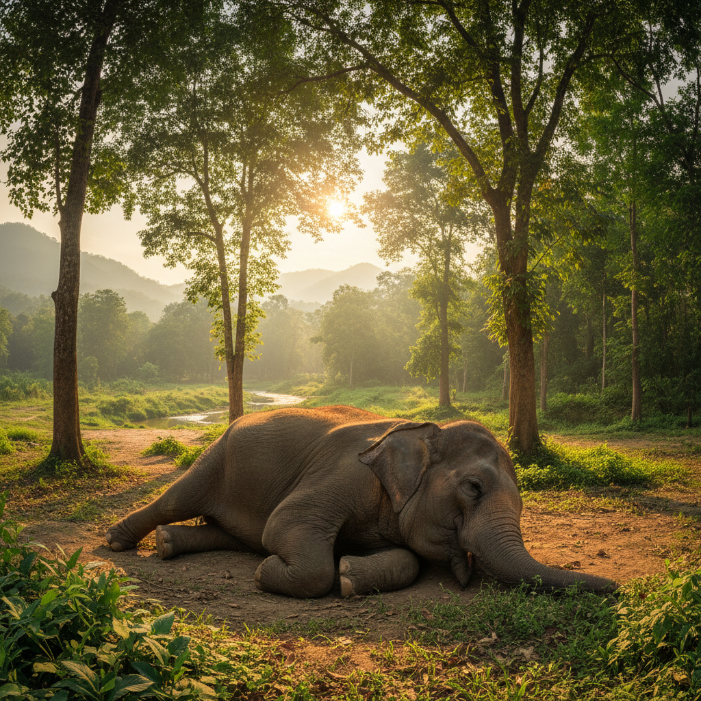 Rescued elephant at ethical sanctuary in golden afternoon light, surrounded by lush green northern Thailand forest
