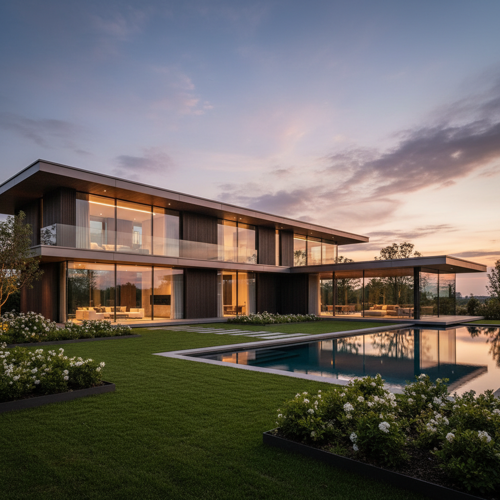 Modern minimalist luxury home interior with floor-to-ceiling windows overlooking a manicured garden at dusk