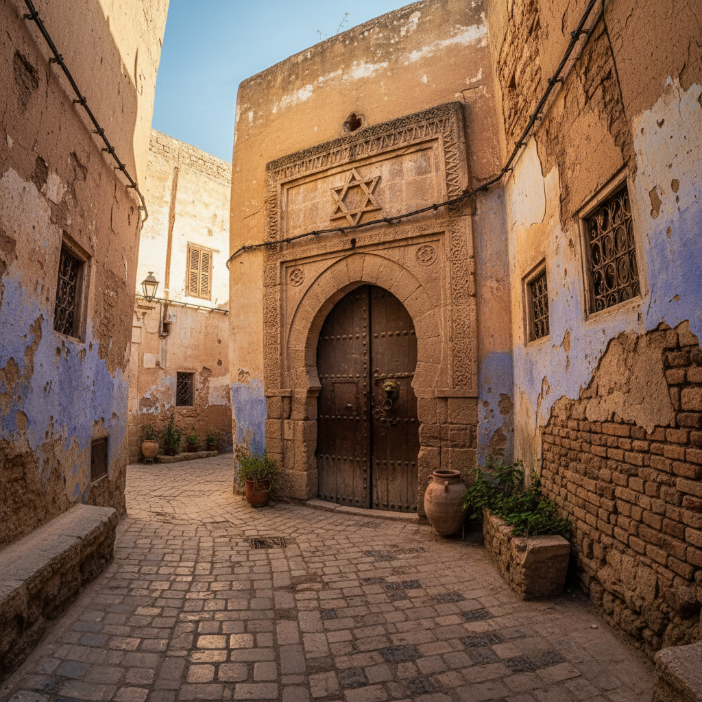 Ancient Jewish mellah neighborhood in Fes with Star of David carved above doorway