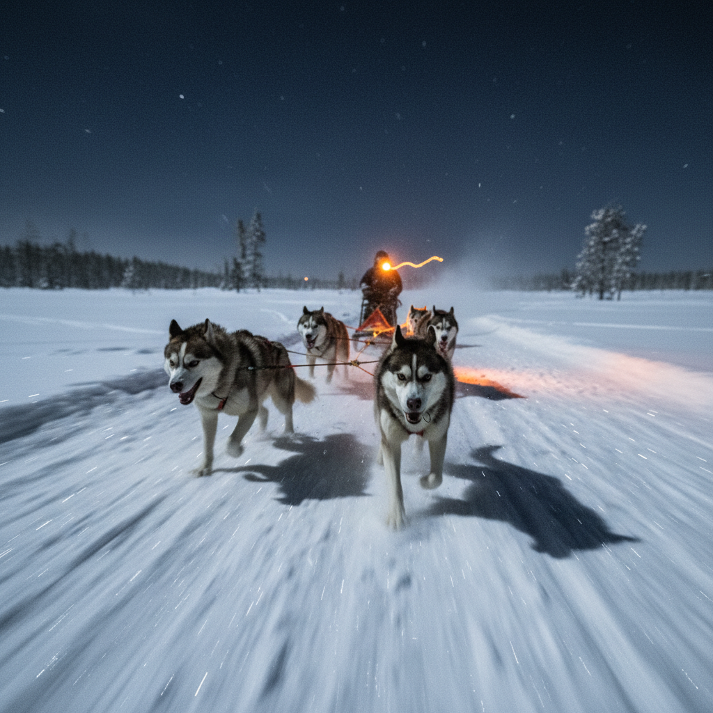 Husky sled team racing through snow at night