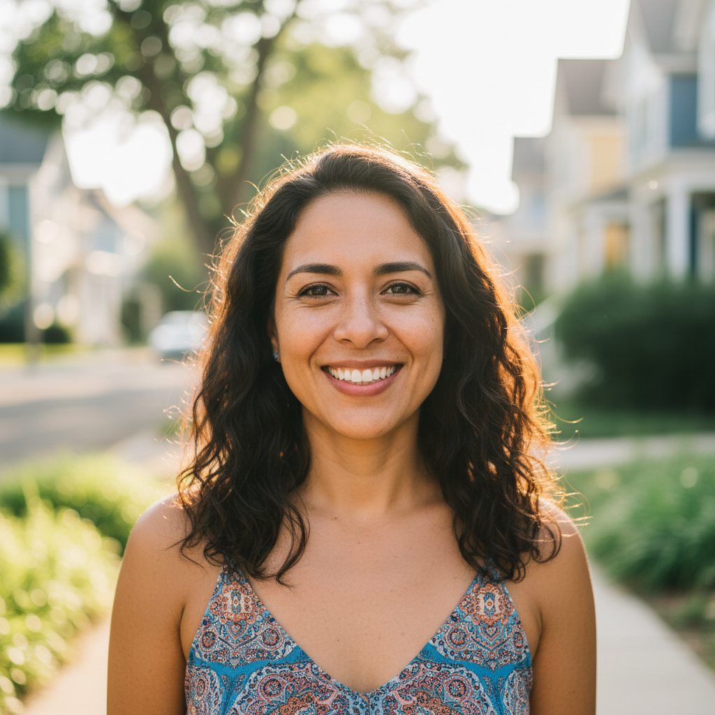 Latina woman with warm smile in an outdoor neighborhood setting