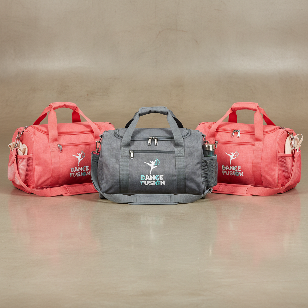 Kids gym bags in coral and gray for dance team