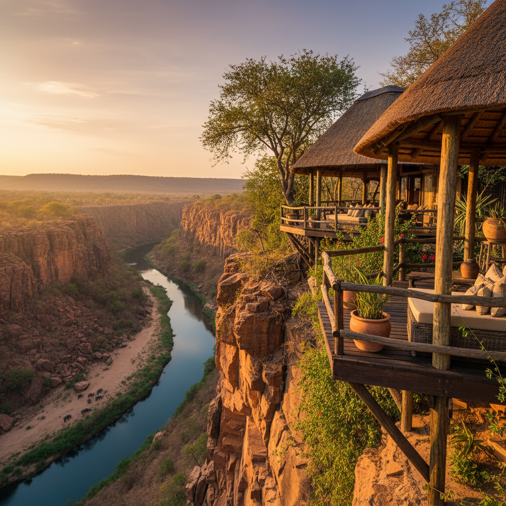 Safari lodge perched on cliff edge overlooking Runde River gorge in Gonarezhou