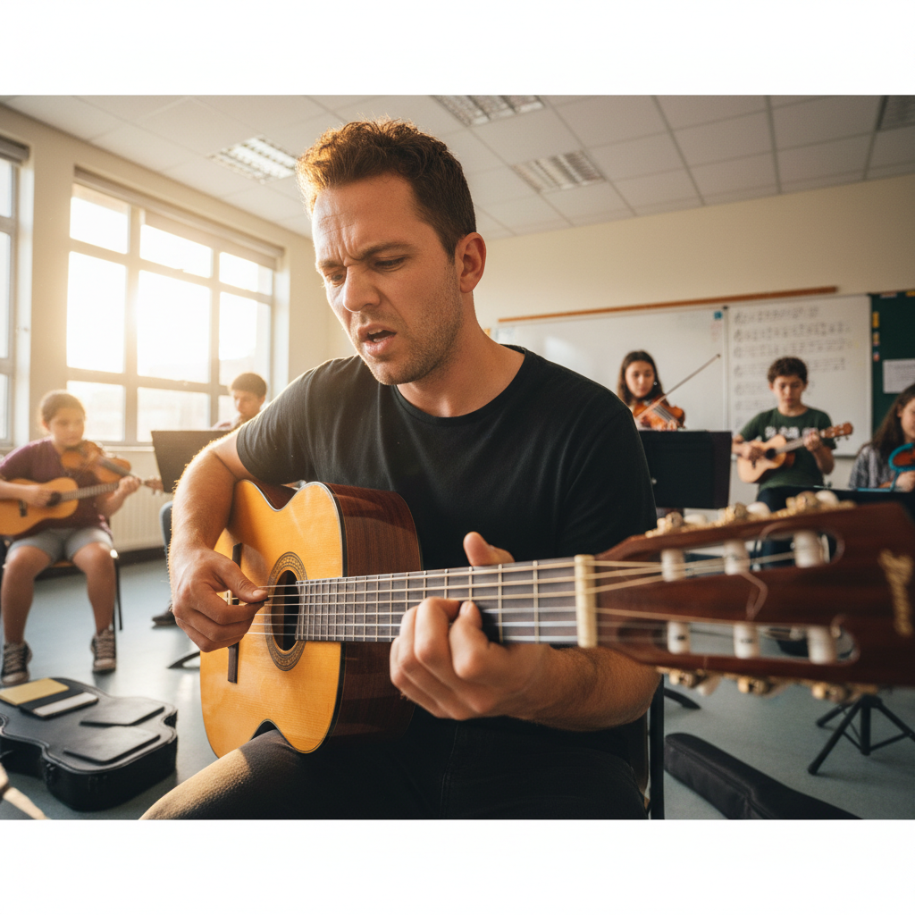 Male music teacher playing guitar while teaching student