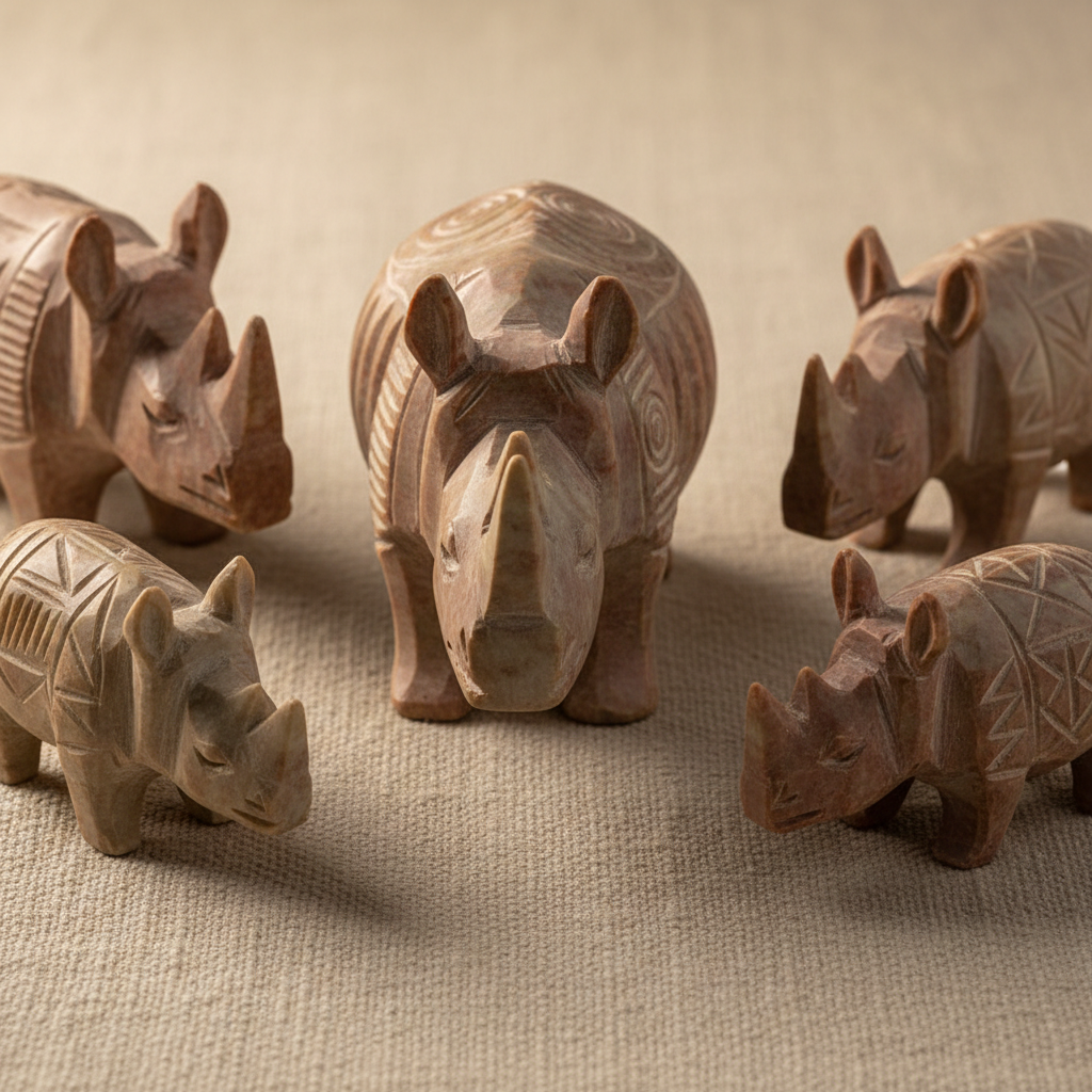 Kisii soapstone carved rhino figurines, pink and white stone, Kenyan craft