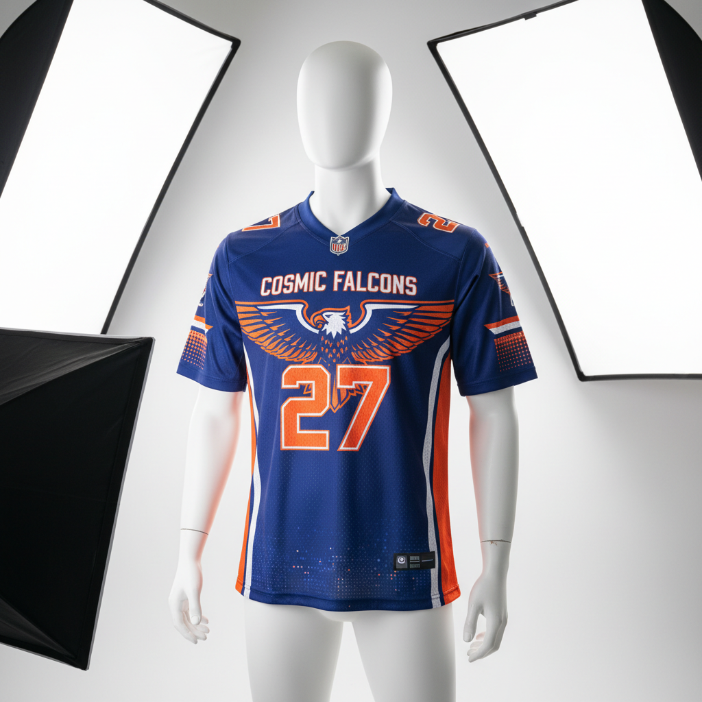 Custom printed sports jersey on mannequin in well-lit photography studio