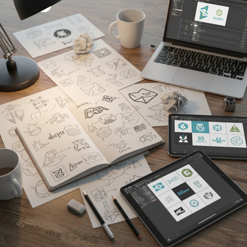 Logo design process with sketches, tablets and bright design tools on a clean work surface