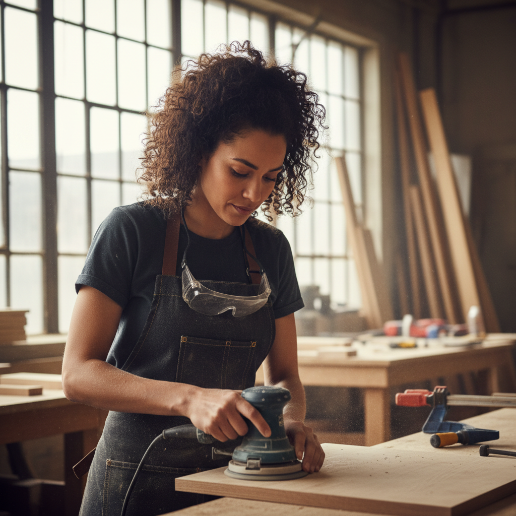Tamsin Brouwer, woman with curly hair and safety glasses around her neck in a woodworking shop
