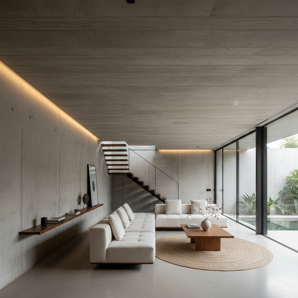 Modern residential interior with warm concrete walls, large windows, minimal furnishings featured in architecture publication
