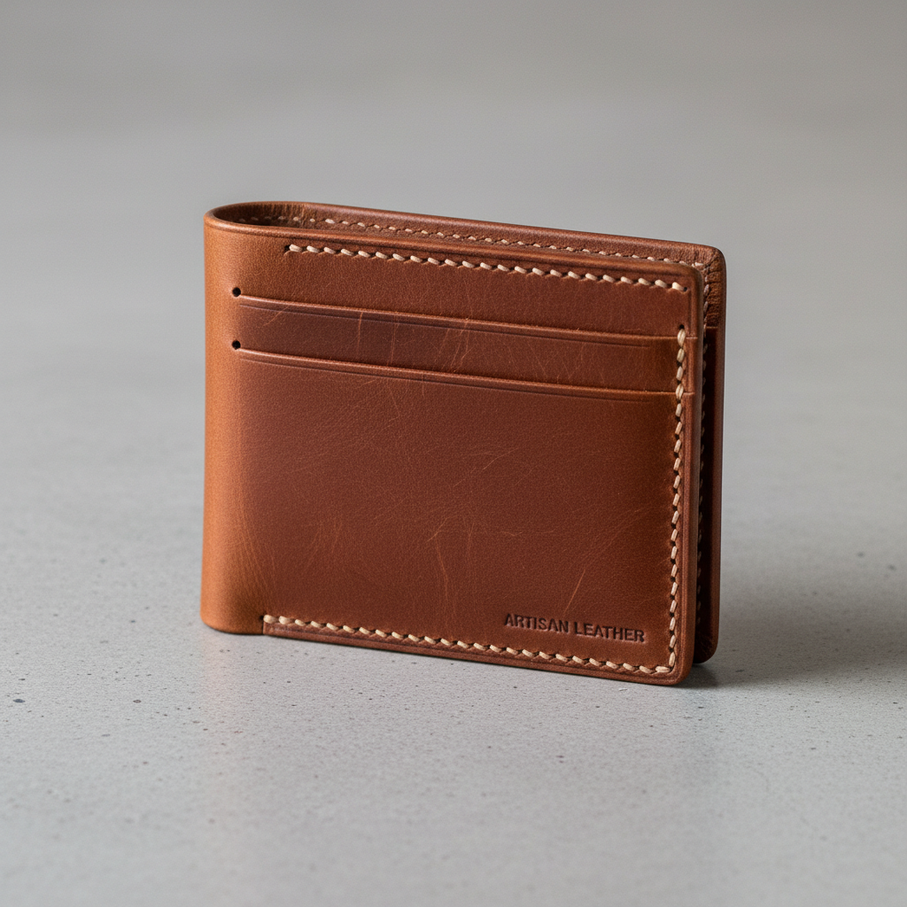 Hand-stitched brown leather wallet with multiple card slots