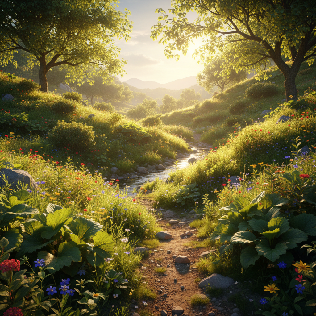 Outdoor summer scene with bright sunshine and greenery