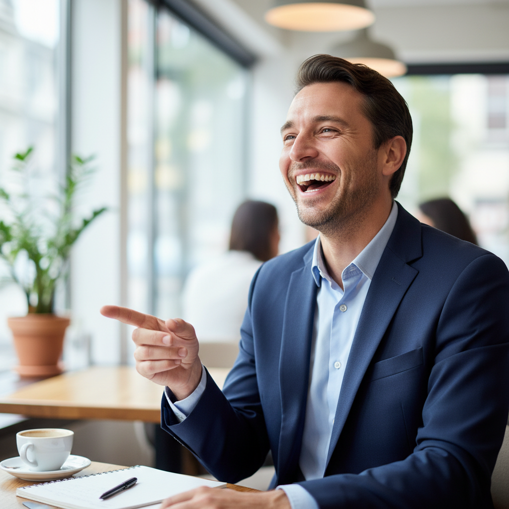Consultant laughing mid-story during a group session
