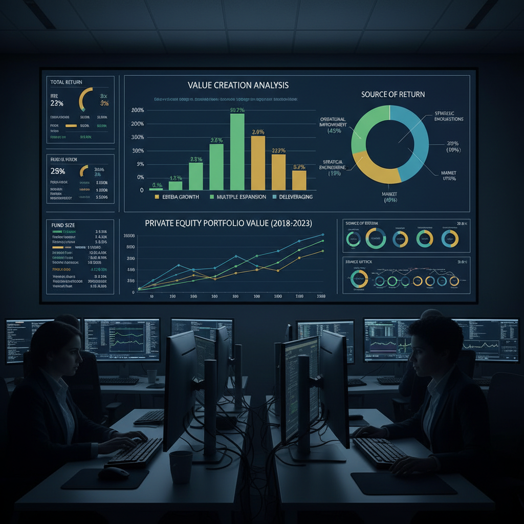 Financial charts and data representing private equity value creation analysis