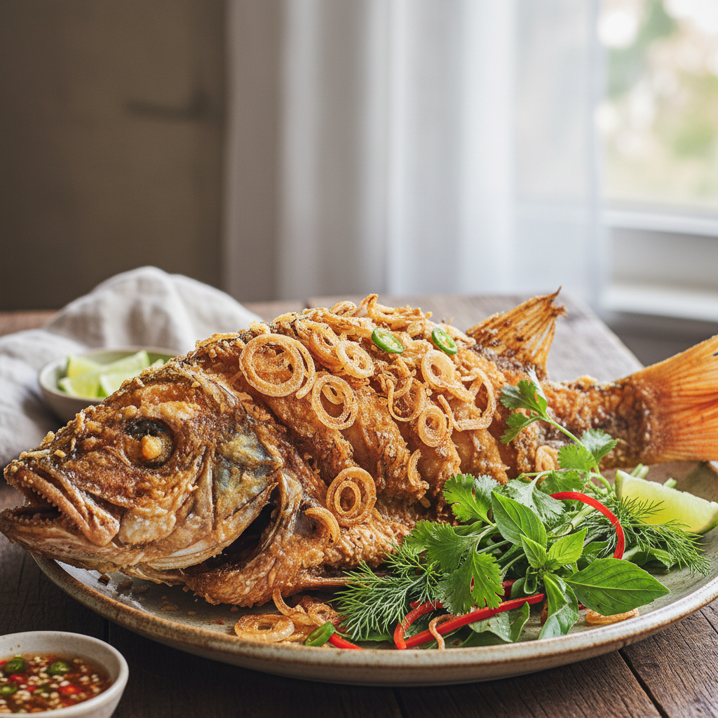 Whole fried fish with tamarind sauce, fried shallots and fresh herbs