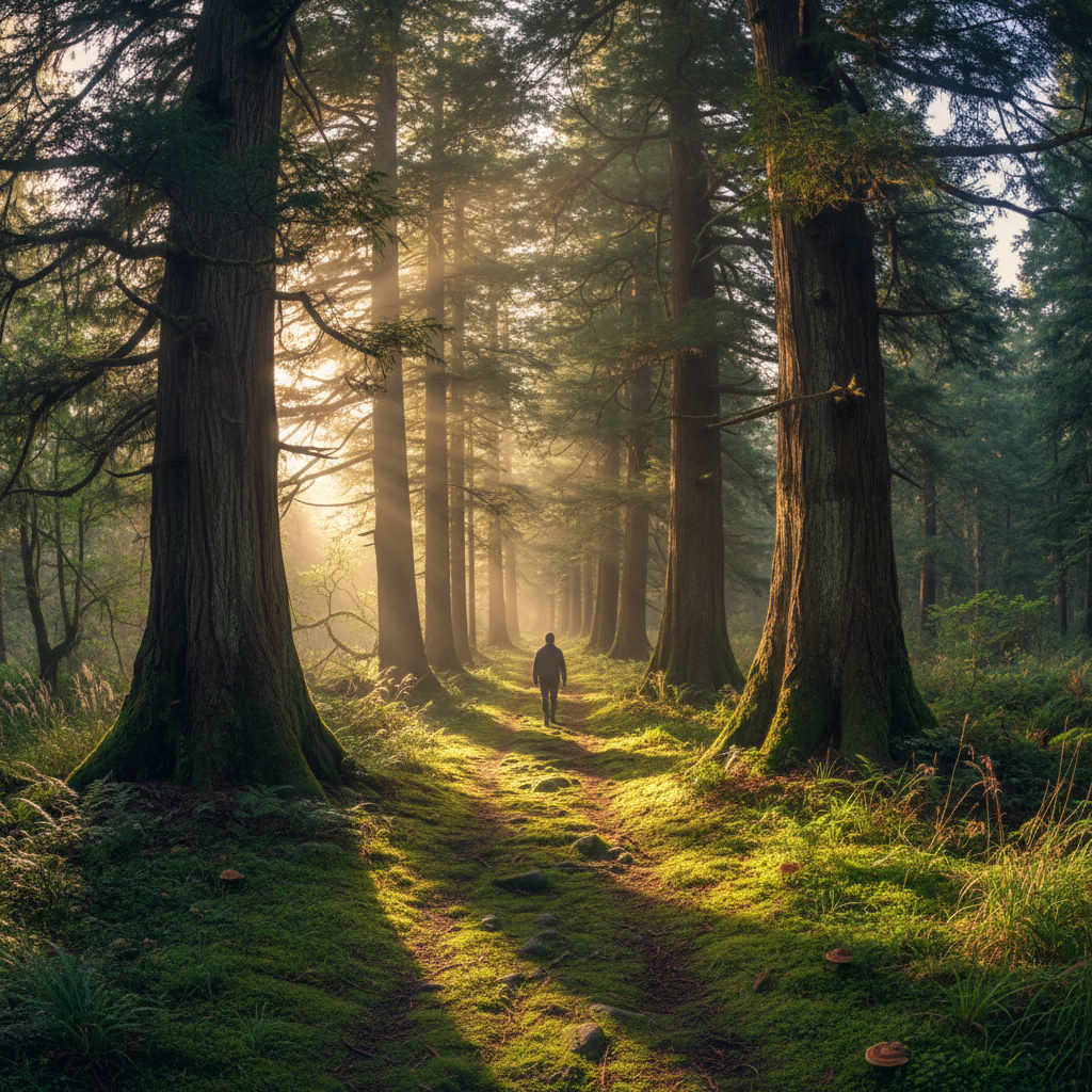 A peaceful forest path at dawn with dappled light, moss-covered ground, and cedar trees in the Pacific Northwest