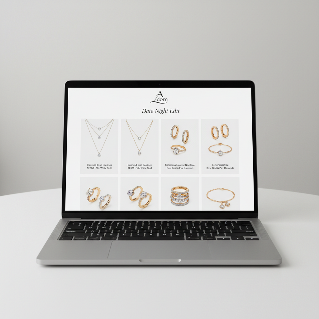 Adorn platform showing curated Date Night Edit jewelry collection on laptop screen