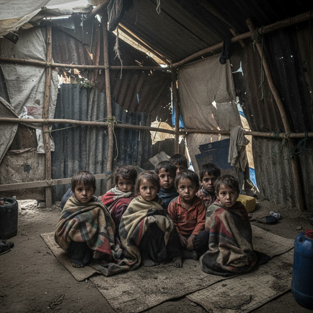 Refugee family including children sitting together in sparse accommodation