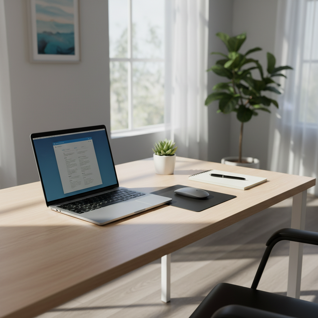 Organized desk with laptop and notebook — focused workspace for technology consulting