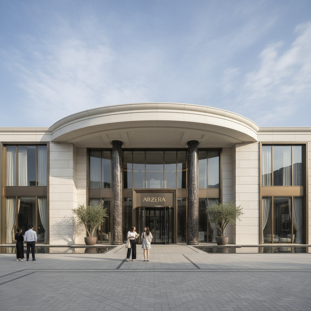 ARZERA luxury curtain experience center exterior showcasing sophisticated architecture and elegant entrance