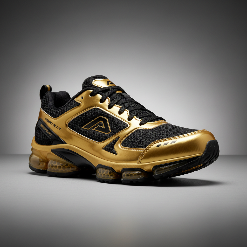 Rare limited edition sneakers in dramatic dark spotlight with gold ambient glow