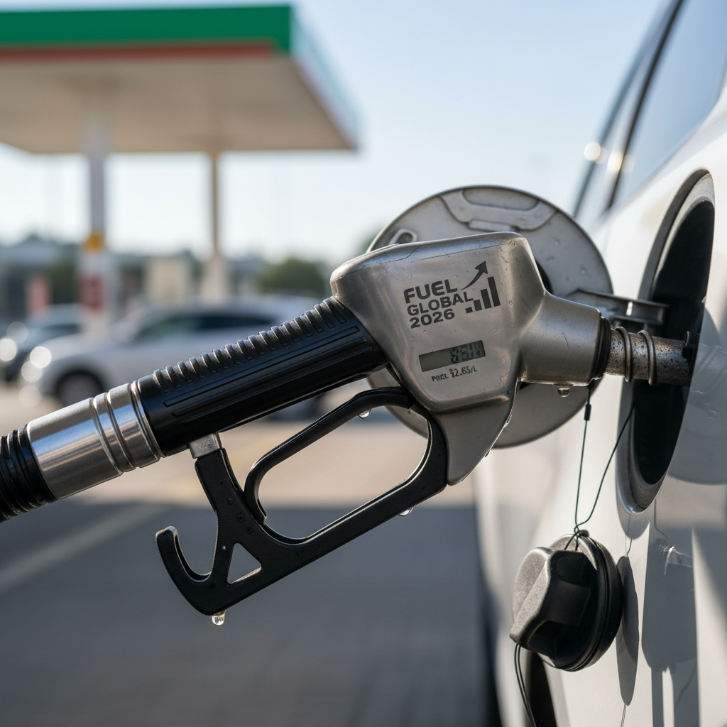 Fuel pump nozzle at a petrol station, representing global fuel prices and consumption patterns in 2026