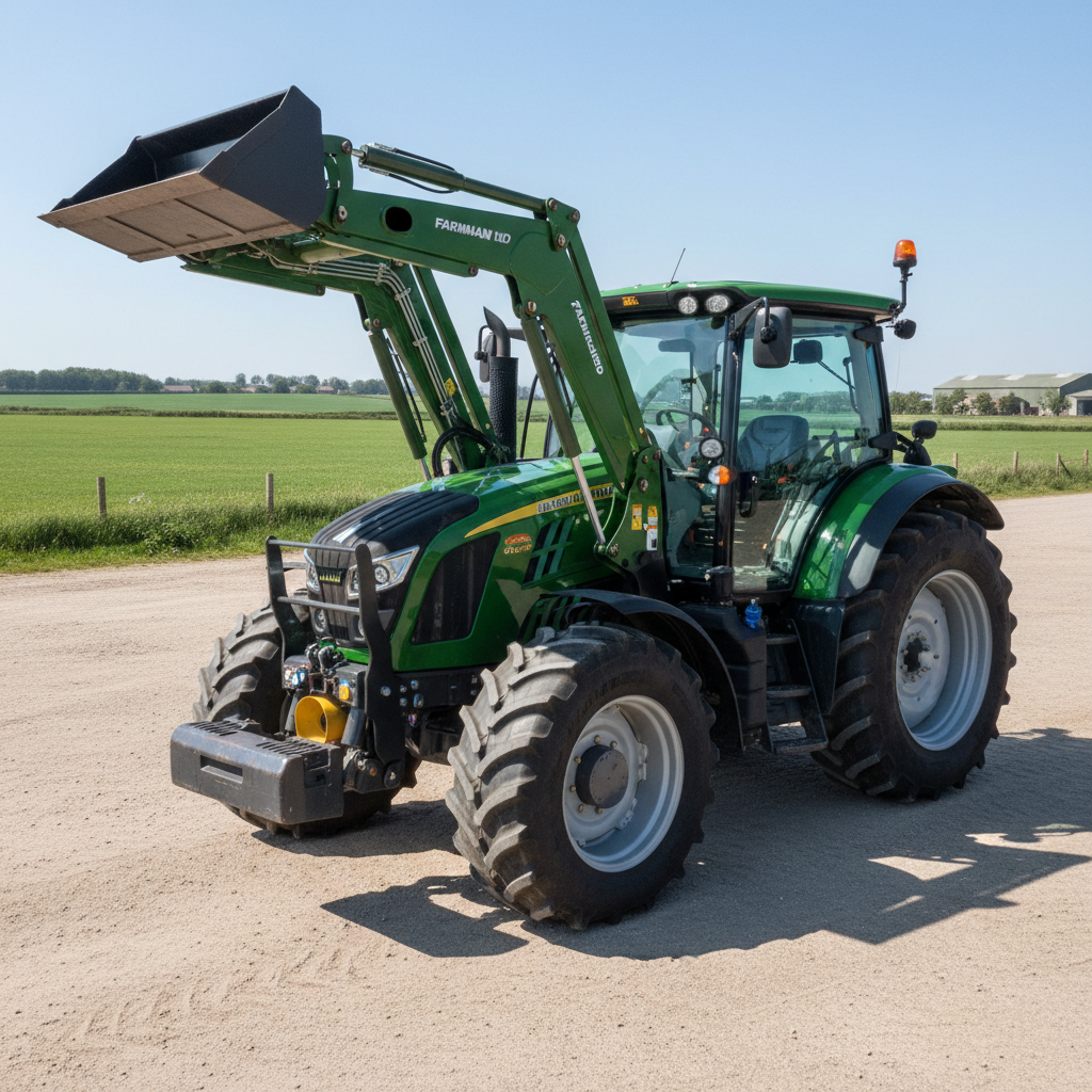 Tractor front loader attachment working on a farm