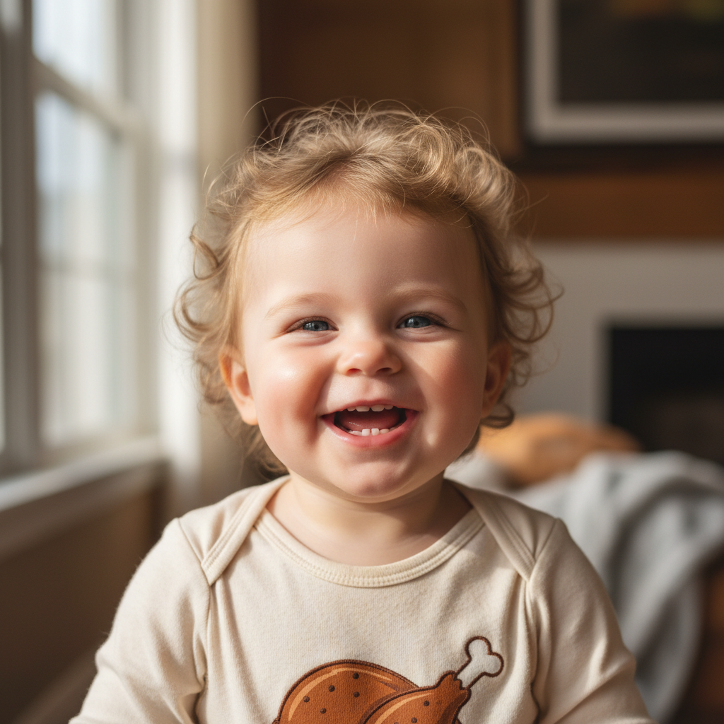 Toddler in turkey drumstick onesie giving big smile