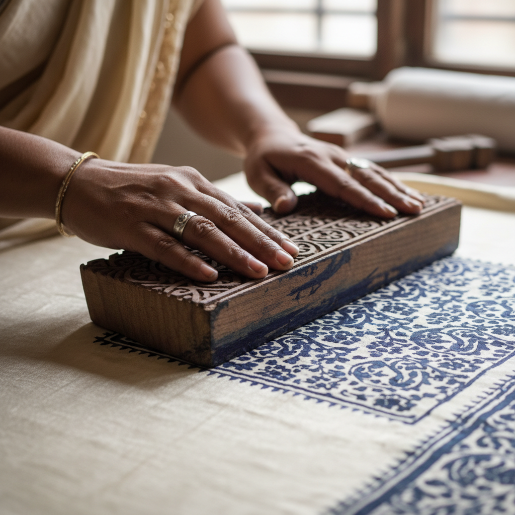 Rajasthani artisan applying wooden block print to silk fabric