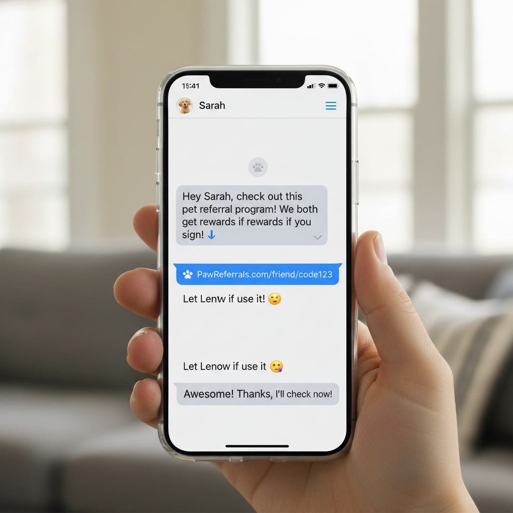 Phone screen showing a text message thread sharing a PawReferrals referral link with a friend