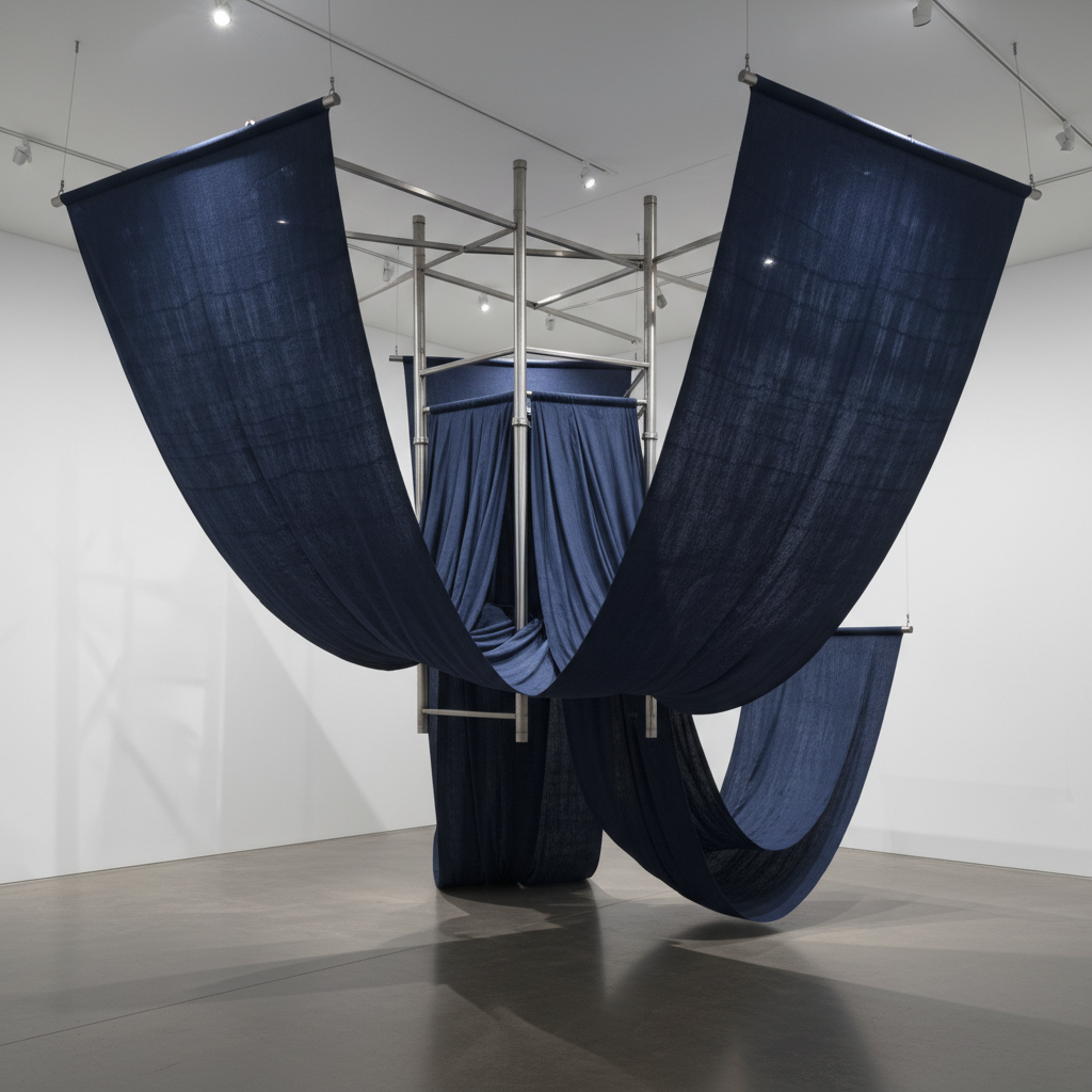 Large-scale vat-dyed indigo textile with steel armature creating dramatic three-dimensional folds that cast deep shadows in gallery lighting