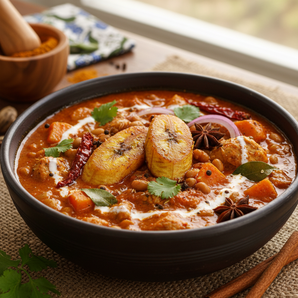 Close-up of rich Nigerian bean stew with fried plantain, authentic West African food photography