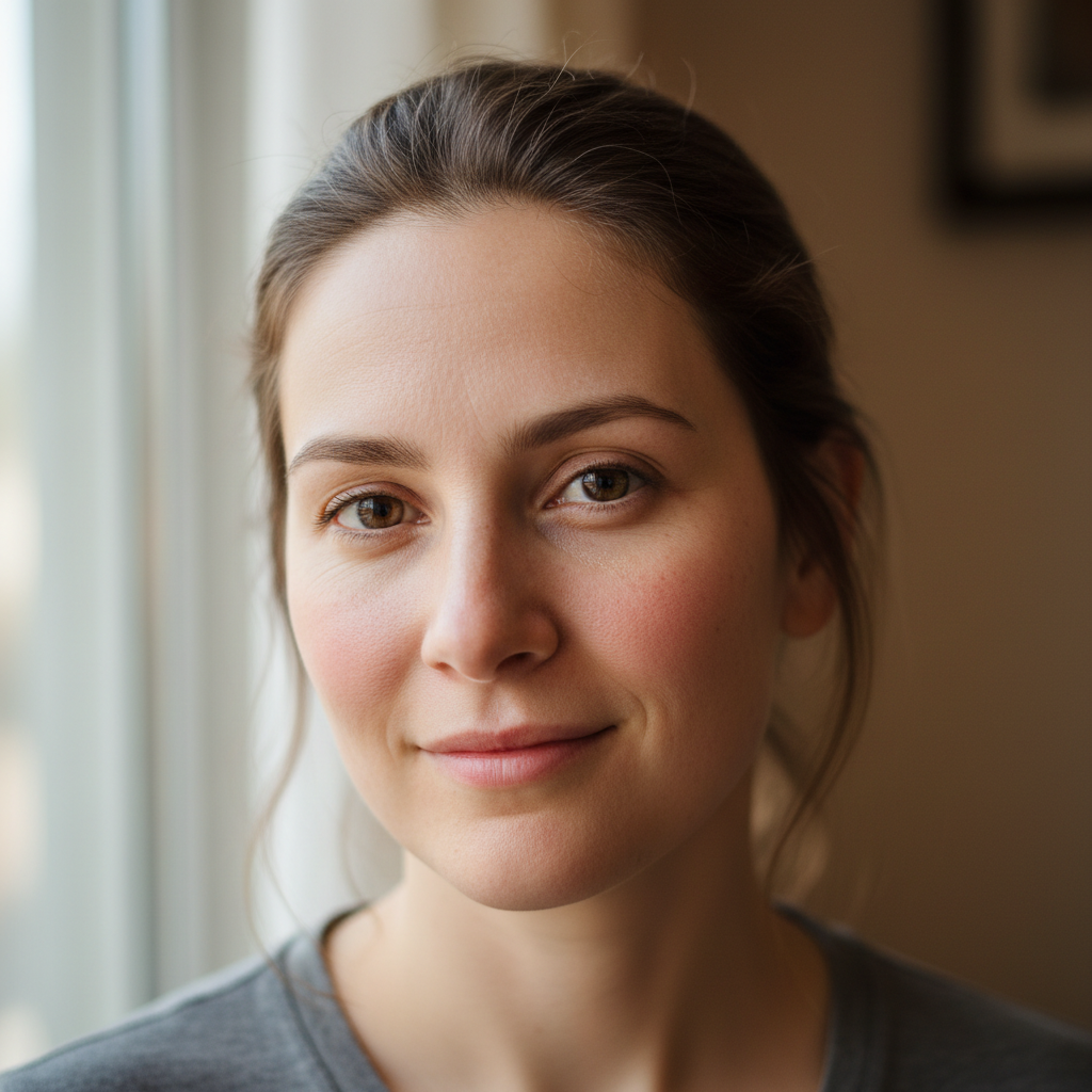 Woman with dark hair, soft natural light portrait, calm expression