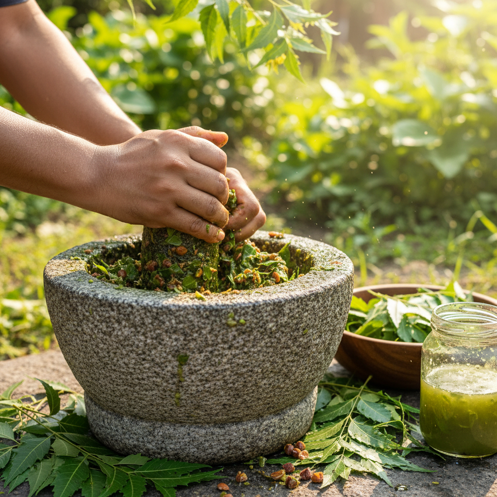 Natural neem leaves and neem oil extract, organic pest control, green background