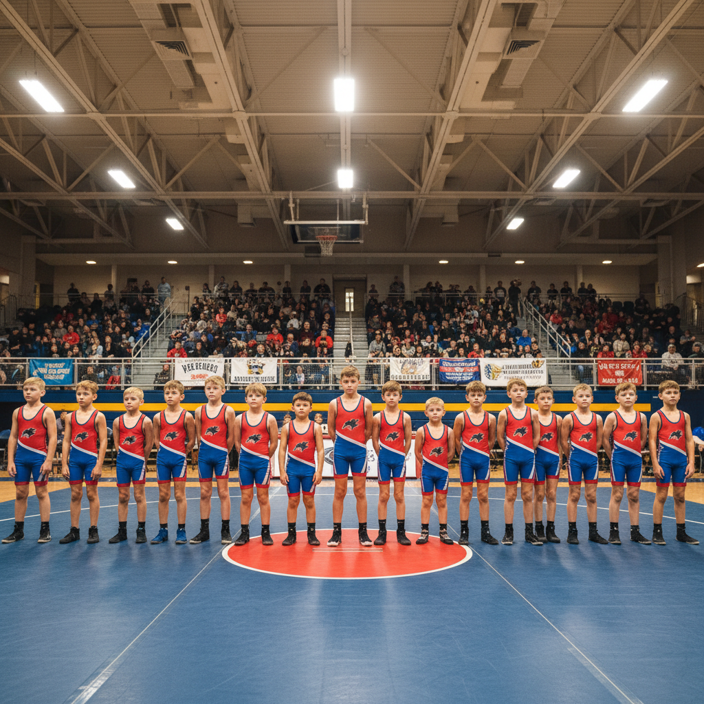 Group of youth wrestlers in singlets lined up before competition
