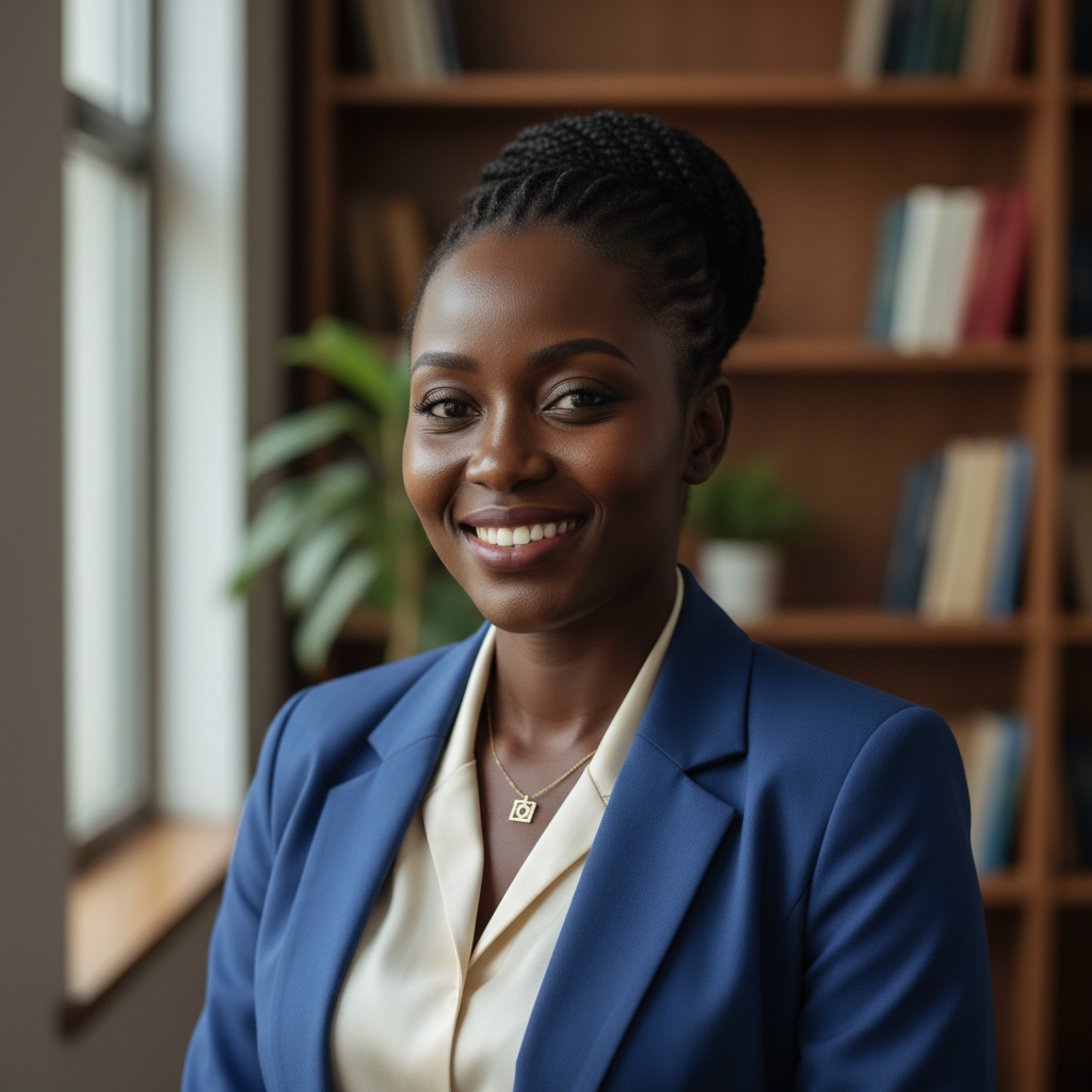 Wanjiru Njoroge, Kenyan professional woman, warm smile, indoor professional setting
