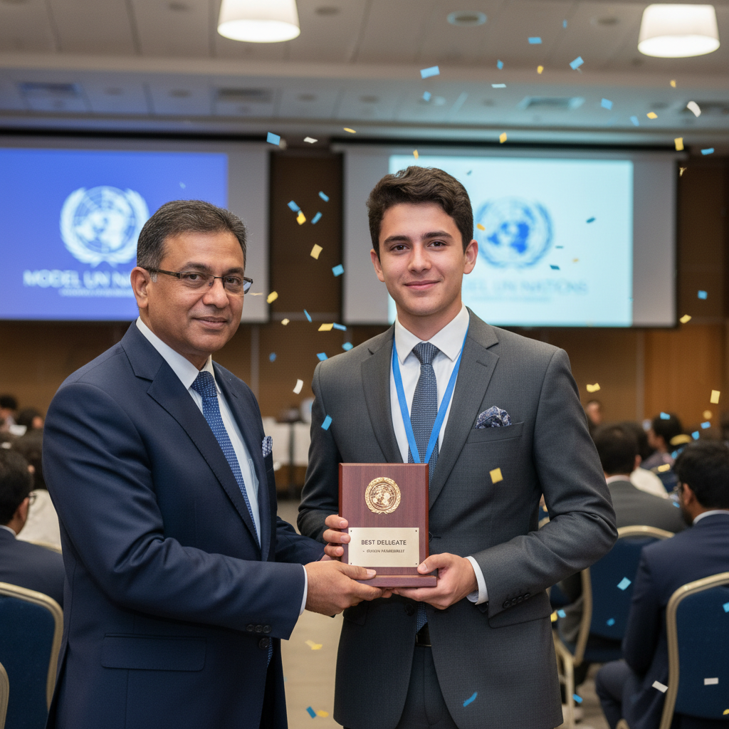 Award ceremony moment, delegate receiving best delegate award, proud expression, formal attire