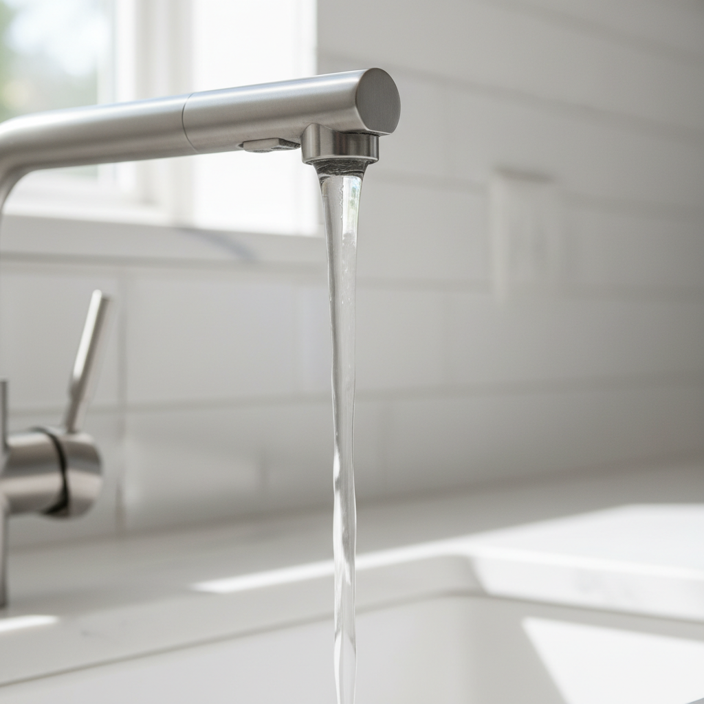 Clean modern kitchen faucet with soft water running clear in Houston home