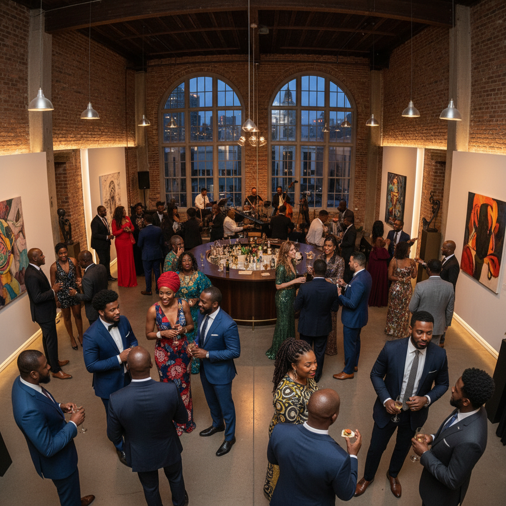 African women in elegant attire at a gala event, warm golden lighting, celebratory atmosphere