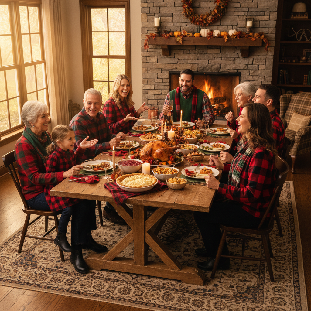 Family in coordinated plaid outfits at Thanksgiving dinner table